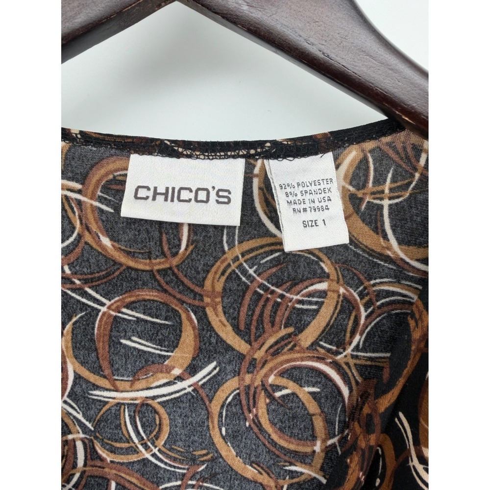 Chicos Travelers Dress‎ Womens Size 1 Brown Black Abstract Circle Wrap Midi - Picture 3 of 10